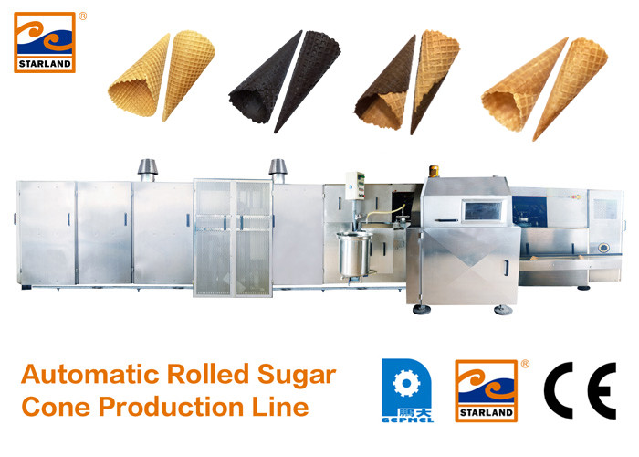 خط إنتاج مخروط السكر الأوتوماتيكي المعتمد من CE مع فرن التسخين السريع ، 63 قالب الخبز المخروط المثلج Productio